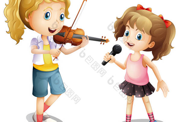 女孩在唱歌和拉小提琴的女孩