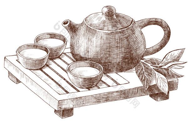 传统的粘土罐和 pialats 设置为中国茶道