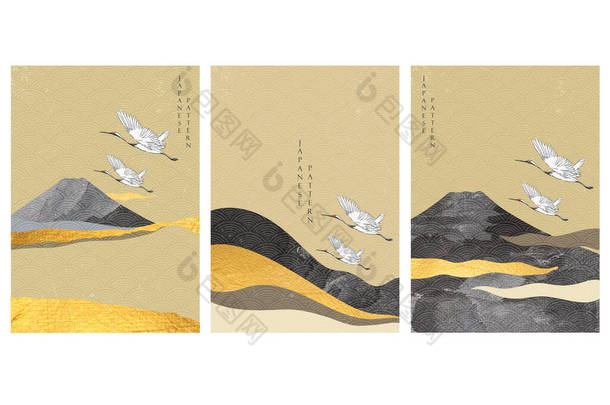 富士山,金箔质地,日本风格.带波浪图案和黑色水彩画的景观背景.