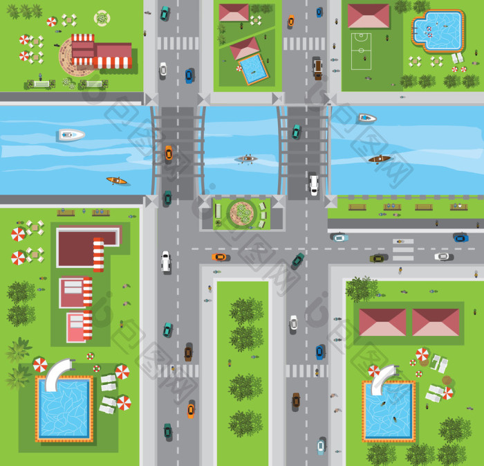城市的街道公路房屋向量的顶视图图片-包图网企业站