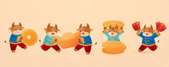 以米色背景为背景的快乐牛元素集，中国黄道带标志的概念，适用于农历新年装饰