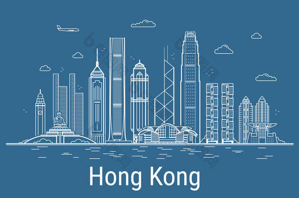 香港城市线艺术载体。用所有著名建筑来说明。<strong>城市景观</strong>.