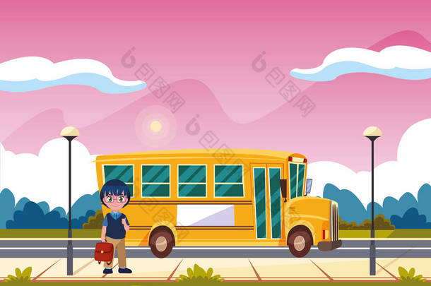 学生男孩和巴士接送回学校