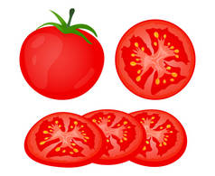新鲜的红色西红柿和切片,在白色的背景上分离.多汁的成熟番茄.图解