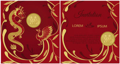 中式婚礼卡邀请，龙和凤凰的象征主义