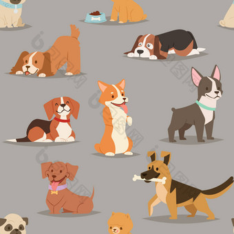 不同的狗品种可爱的小狗字符无缝模式图片