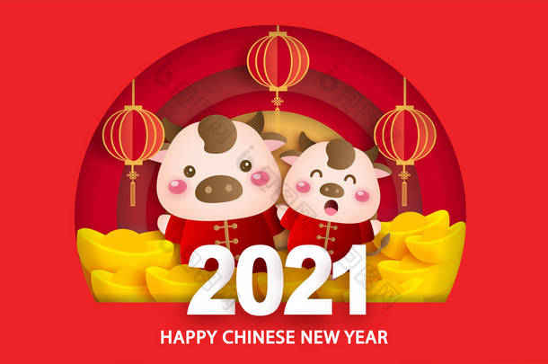 中国人的新年<strong>2021</strong>年，就是牛年贺卡，上面挂着一只漂亮的金牛 .