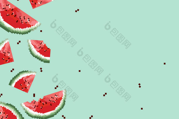 西瓜超级夏季销售条幅剪纸风格。 Pixel艺术。 8位。 夏天的时间。 艾康 Pixel西瓜.
