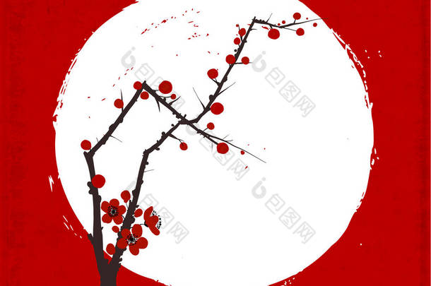 日本藏红花樱桃分枝开，红色背景为白色圆形。传统东方水墨画苏美，苏新，高华。Hieroglyph -美女