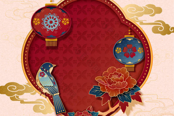 中国新年牡丹彩灯纸艺术装饰背景