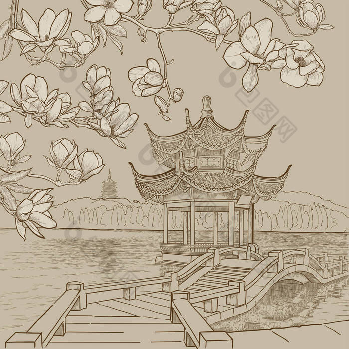 亚洲湖泊景观与佛教寺庙.素描黑白插图.