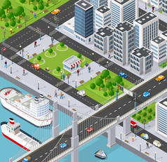 具有河堤的城市，人们在桥、运输街道和船舶上行走