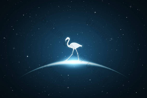 太空中孤独的火烈鸟用濒危鸟类的白色轮廓和发光的轮廓来说明的概念。贺卡、招贴画和其他设计的超现实蓝色背景