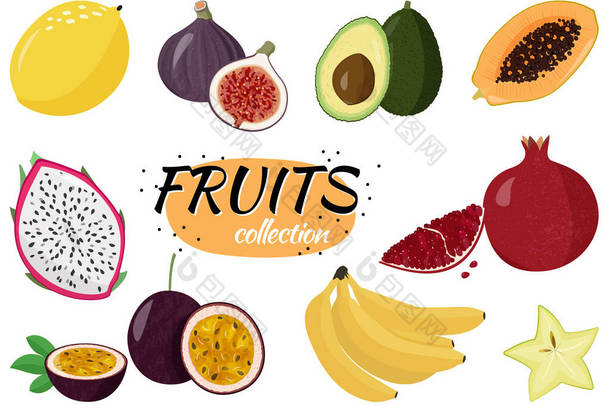 新鲜水果收集。一套甜的水果。柠檬，木瓜，龙果，石榴，西番莲果，<strong>香蕉</strong>，星果.