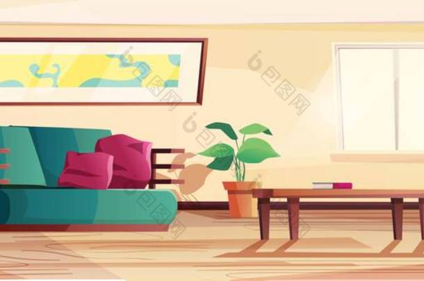客厅内饰现代风格.附有沙发、扶手椅、盆栽、桌子和墙上图片的图解.