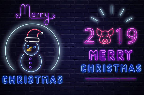 圣诞节和新<strong>年2019年</strong>霓虹灯标志上的砖纹理
