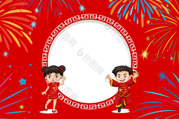 中国孩子用烟花红色背景上