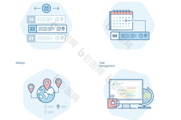 一套时间管理器、 新闻和事件，meetup，任务管理、 时间跟踪的概念线图标