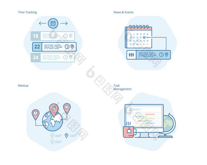 一套时间管理器、 新闻和事件，meetup，任务管理、 时间跟踪的概念线图标