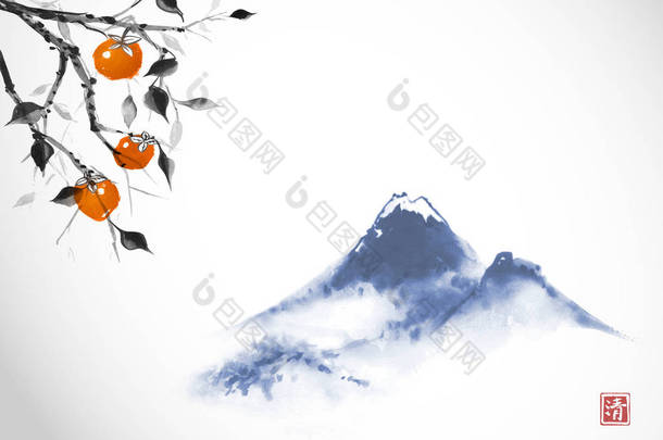 山和树枝与传统的日本苏米叶风格，东方复<strong>古墨</strong>水背景的柿子