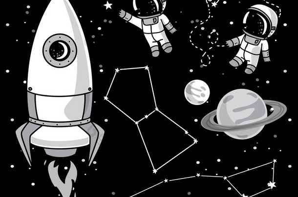 可爱的手绘制的元素宇宙设计: 行星，星座，宇航员漂浮在空间和火箭