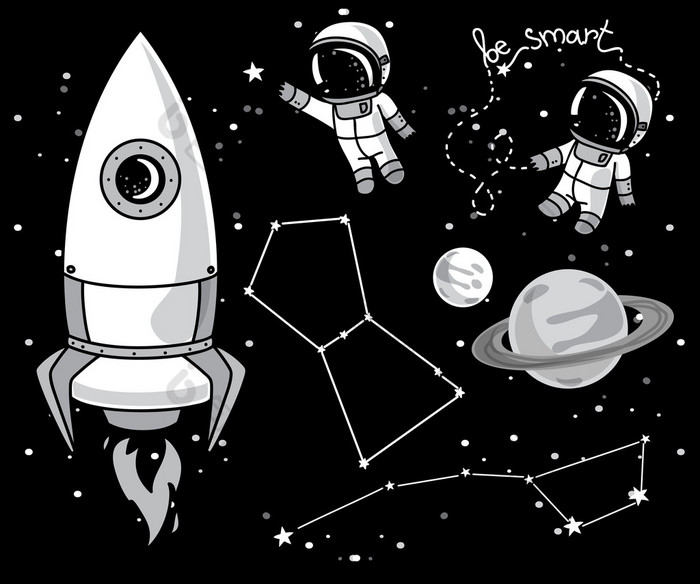 可爱的手绘制的元素宇宙设计: 行星，星座，宇航员漂浮在空间和火箭