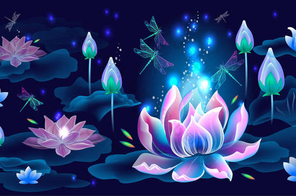 莲花和蜻蜓的背景。启蒙运动、冥想和宇宙