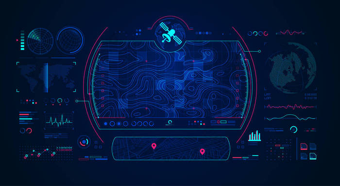 具有数字雷达接口的卫星地形图，通信技术概念
