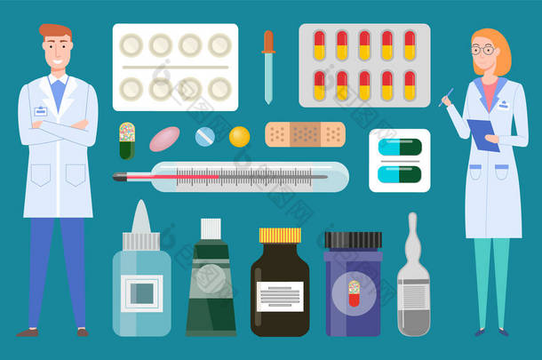 医生，医生，配药，药片，胶囊，温度计，管子和罐子的女治疗师