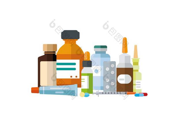 各种各样的药物组合在一起。药用药物，瓶装，包装，药丸，喷雾，药膏，糖浆，注射器平面说明.
