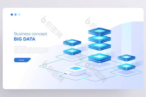 滑行、英雄页面或数字技术横幅. 大数据业务的概念。 等距说明