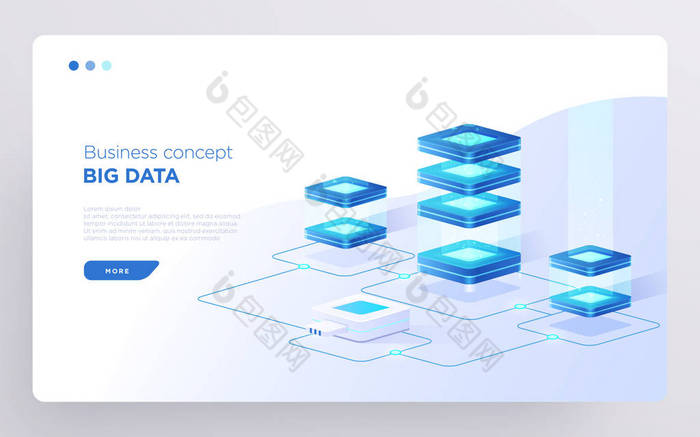滑行、英雄页面或数字技术横幅. 大数据业务的概念。 等距说明