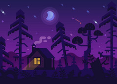 狩猎小屋在夜森林里