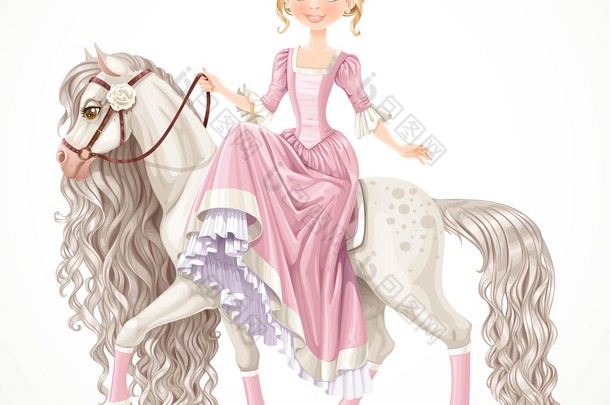 可爱的公主骑着一匹白马，长着一头鬃毛，孤立在一个白色的马背上