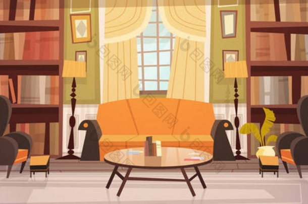 舒适的客厅室内设计与家具, 沙发, 桌子扶手椅, 壁炉书柜, 水平横幅