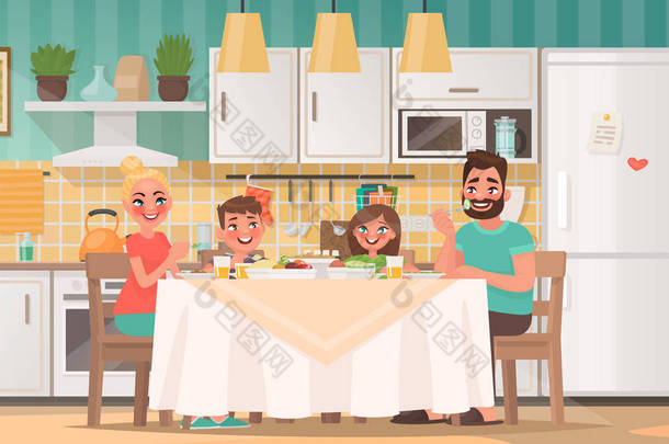 快乐的家庭在厨房吃饭。父亲、母亲、<strong>儿子</strong>和<strong>女儿</strong>在家的桌子上吃早餐。传染媒介例证在动画片样式.