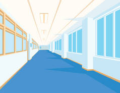内部的学校礼堂用蓝色地板、 窗户和列.