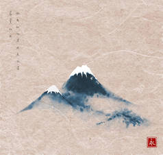 传统的日本苏美尔风格，东方复古墨水背景的薄雾蓝山
