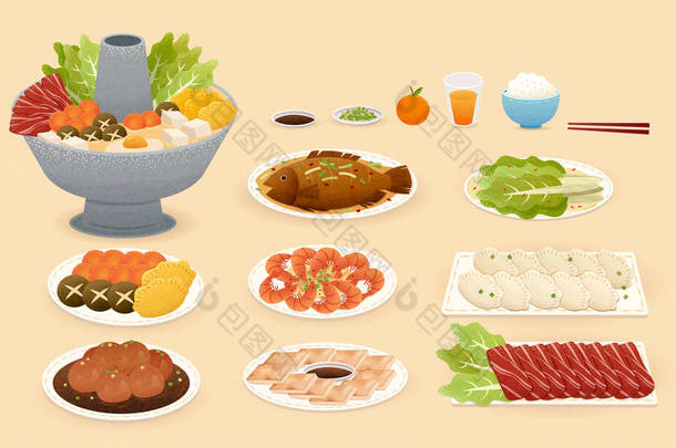 精美的中国新年食品手绘图案，背景为黄色