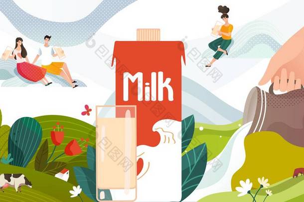 奶昔柔滑的夏天，在绿茵的草地上喝着牛奶，还有奶牛，鲜花和牛奶包，年轻人，乳白色的饮料图解.