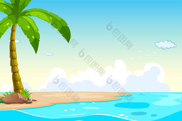 海洋场景与树在沙滩上