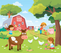 有孩子的农场景观。与农场动物,奶牛,猪,鸡和谷仓的图片.乡村的暑假.