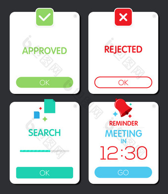 弹出窗口。Web 设计元素。搜索，提醒弹出窗口。批准和拒绝弹出窗口.图片