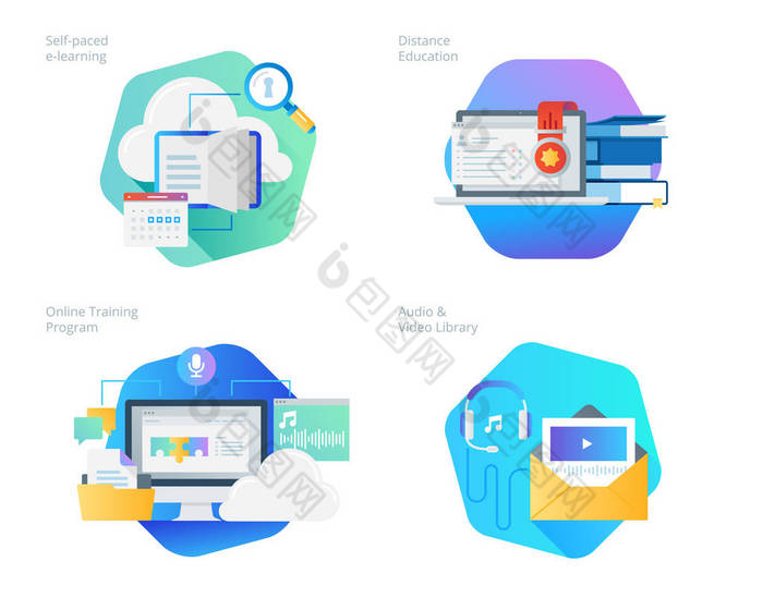 材料设计图标设置为远程教育，音频和视频库、 在线培训和课程，自学电子学习
