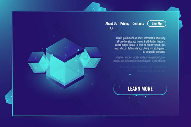带有抽象图解的技术横幅、等距发光立方体、<strong>数据</strong>协议概念、服务器室、未来能源生态暗中子梯度背景