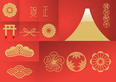 日本新年庆祝 / Blesssing 年前方 / 日本纺织花纹元素 / 英语快乐新的一年