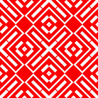 白色在红色背景上重复几何图形.无缝隙表面图案设计与对称菱形，矩形和交叉装饰。多边形壁纸。几何的主题。数字纸.图片