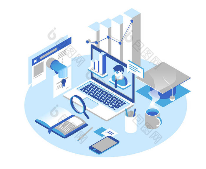 在线教育概念。在线培训课程、 专业化、 教程、 讲座。3d 等距设计.