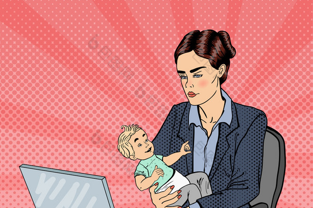 笔记本电脑上工作，抱着婴儿的女商人