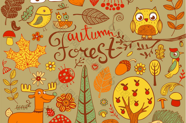 涂鸦风格秋季森林设计元素